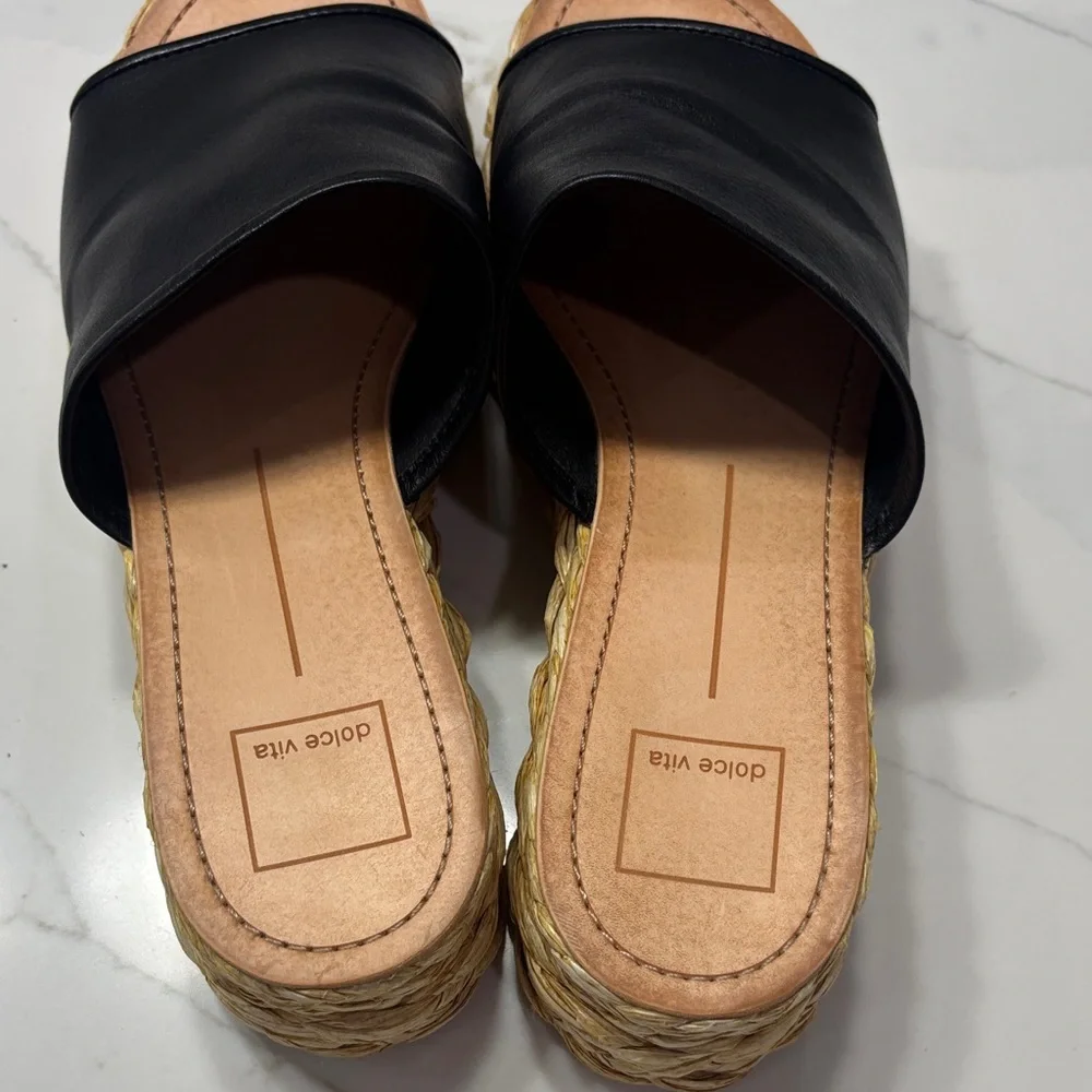 Dolce Vita Black Leather Espadrille Slide Wedges